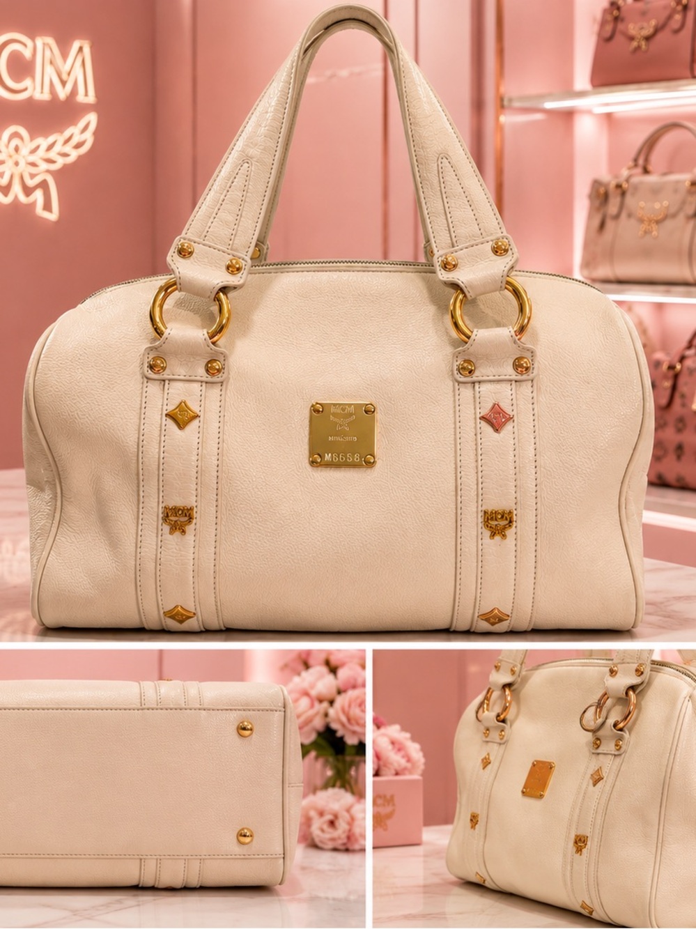 MCM Cream Leather Satchel with Gold Hardware Boston studded